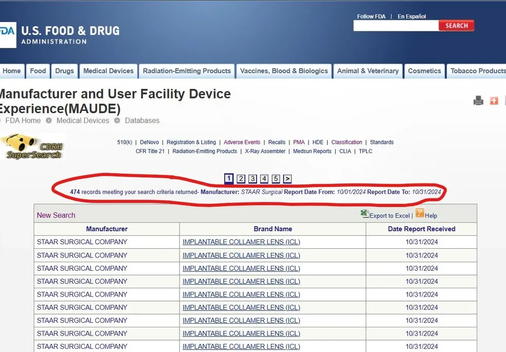 ICL injuries in the FDA Maude Database